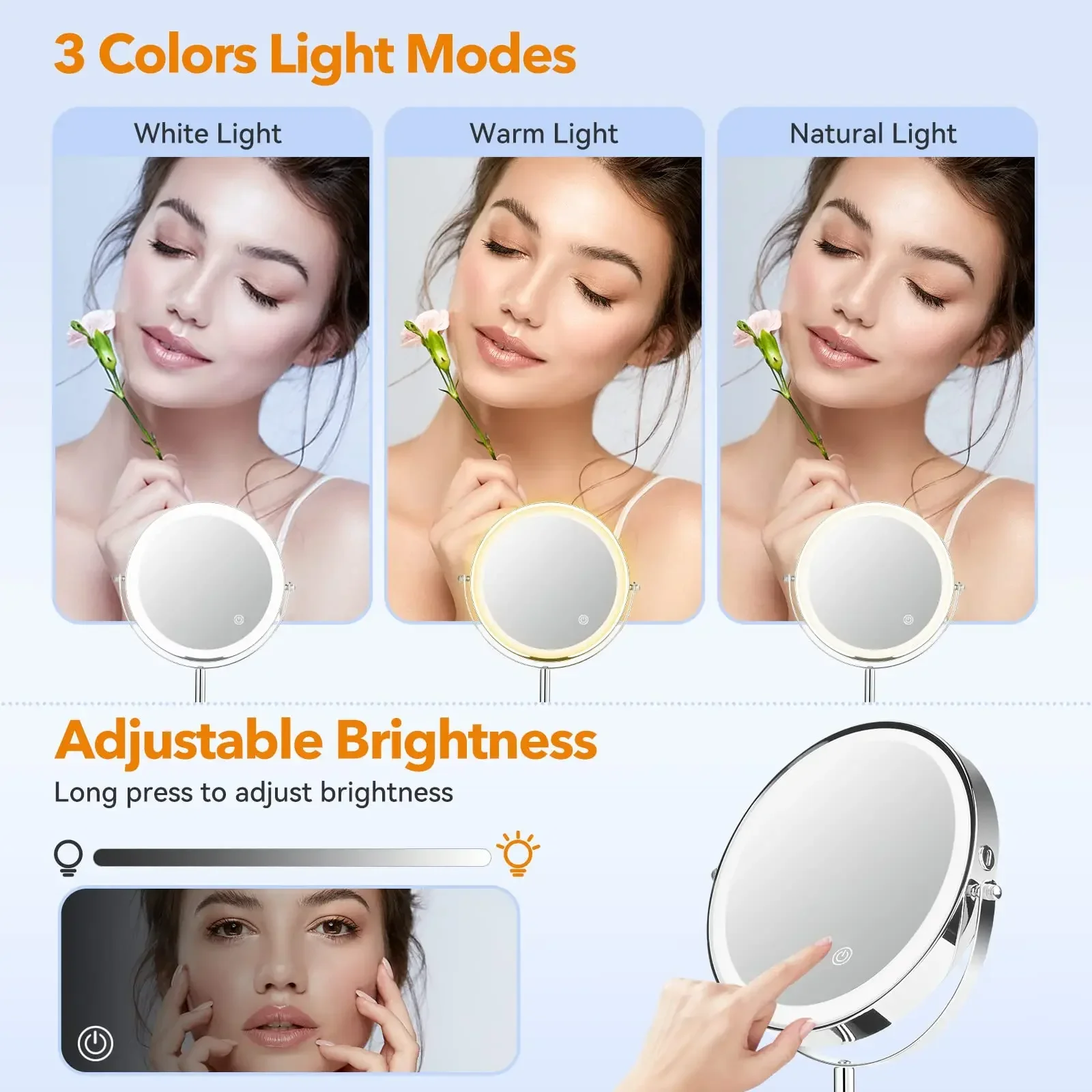 8 Inch Rechargeable 1X/10X Magnifying LED Lighted Makeup Mirror,   Double Sided Desktop Light up Mirror with 3 Color Lights