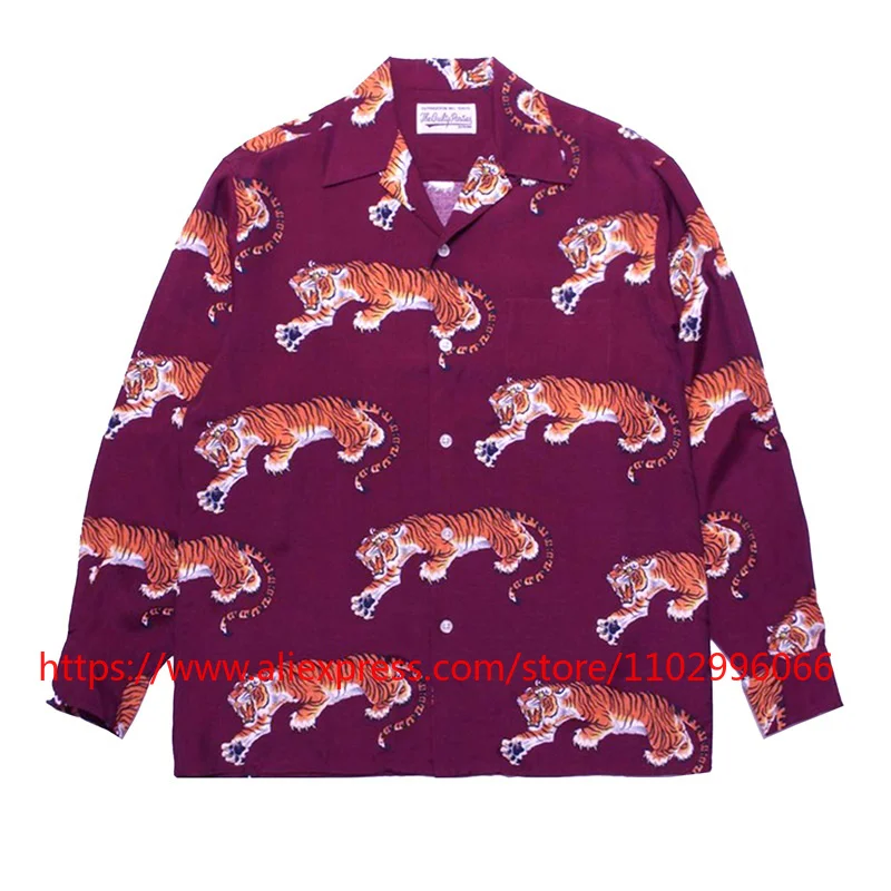 New Style Streetwear Wacko Long-sleeved Shirt Hawaiian Beach Style Multi-color Classic Tiger Print Men's Trendy Top