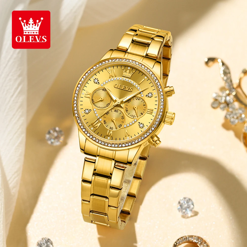 Olevs relógio de quartzo feminino luxo diamante dial ouro aço inoxidável à prova dwaterproof água clássico três pequenos mostradores relógio para mulher novo em