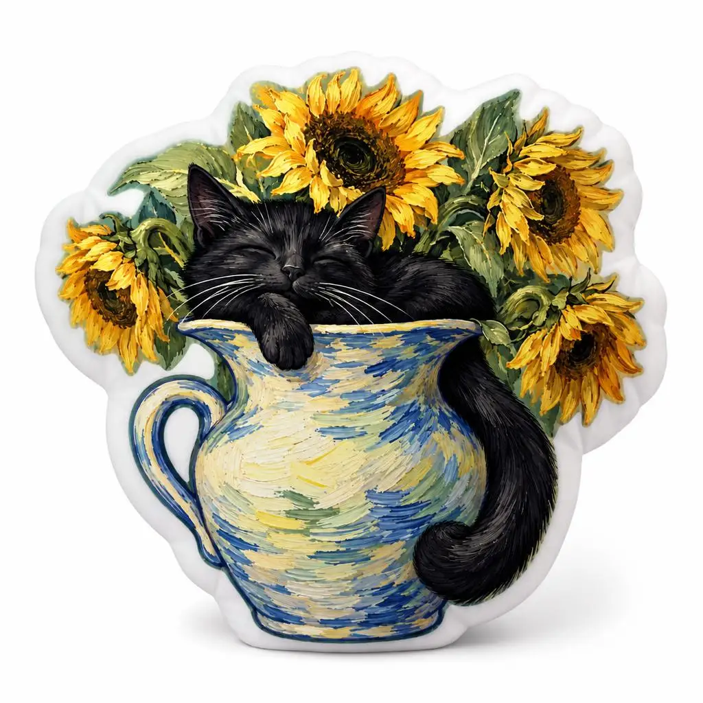 Sleepy Black Cat Sunflower Vase Shaped Pillow Cat Lover Gift Painterly Floral Throw Pillow Sofa Living Room Accent Decor