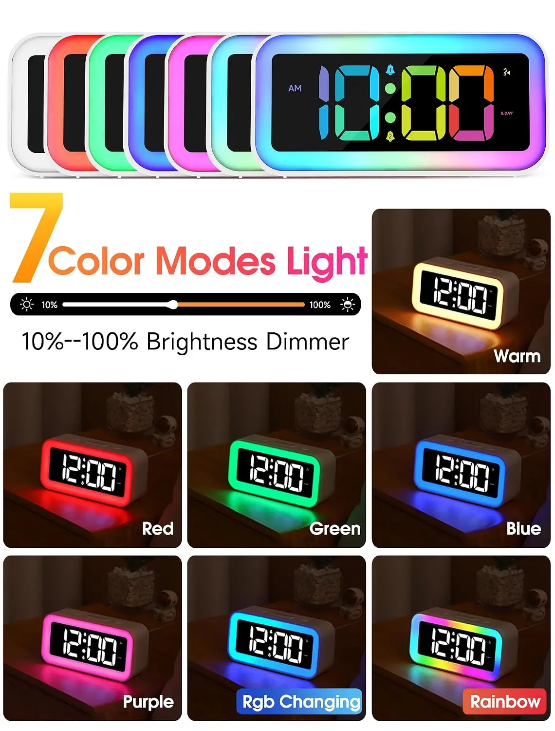 Loud Alarm Clock for Bedrooms with Dynamic RGB Night Light,Heavy Sleepers Adults,Dual Alarm,Dimmer,USB, Customized