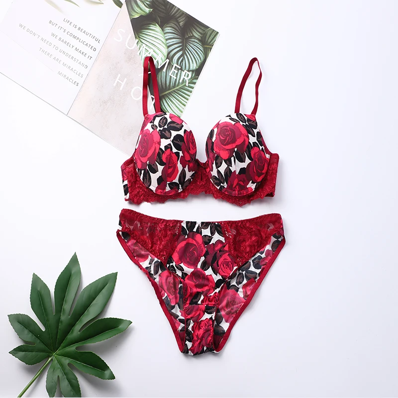 

Embroidery Lingerie Sets Lace Flowers Underwear Sexy Women's Body Shaping Push Up Bra Romantic Bras and Panties Set