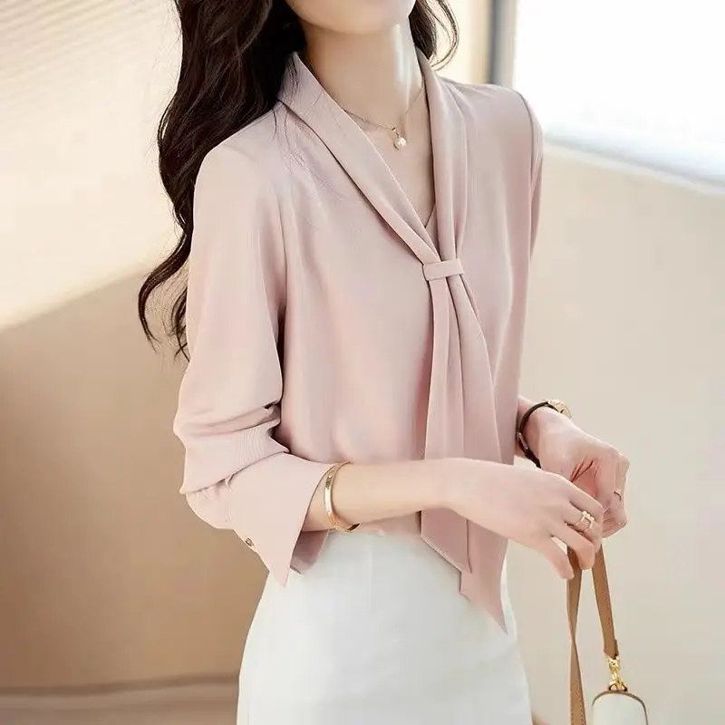 Spring Autumn New Solid Color V-neck Long Sleeve Blouse Women High Street Button Patchwork Pullovers Elegant All-match Chic Top