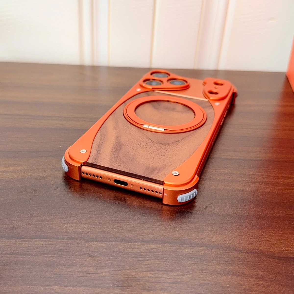 Aluminum Magnetic Wooden Case for iPhone 18 17 Pro Max 18 17 Pro Cover Walnut Real Wood Mag-safe Free Rotation Stand Shell