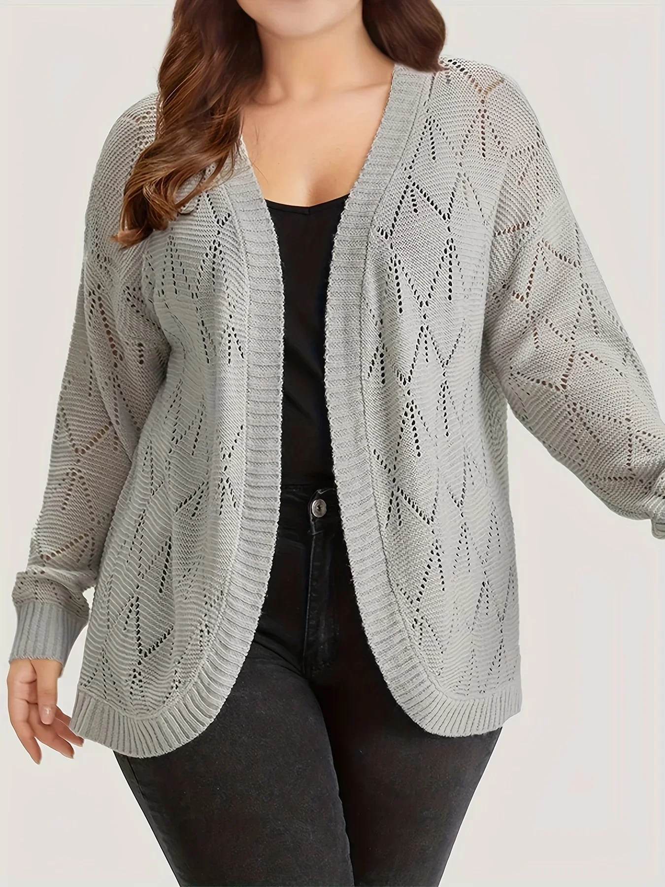 Plus Size Women\'s Solid Hollow Out Open Front Cardigan