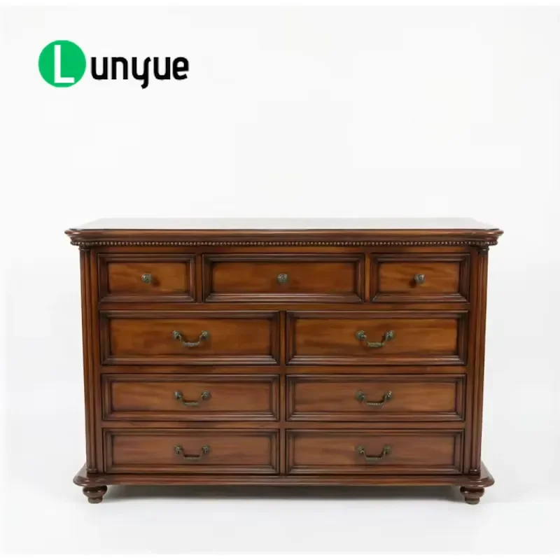 American Solid Wood 9 Drawer Dresser with Metal Handles Vintage Style Storage Cabinet for Bedroom Living Room Furniture