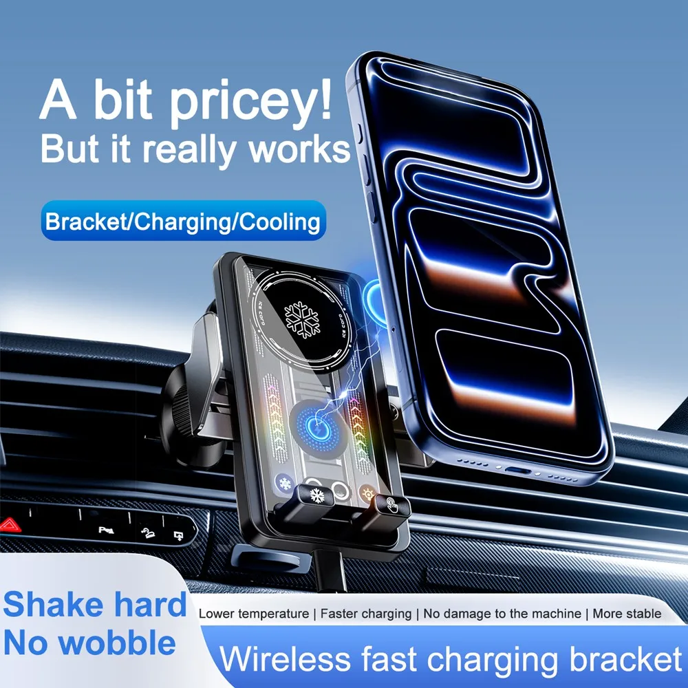 Universal Car Phone Holder 15W Cooling Wireless Charger Phone Mount Intelligent Induction Electric Rotation Stand Charger