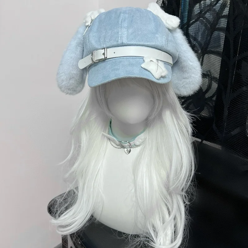 Boina azul gótica Harajuku Lolita para mujer japonesa, sombrero con orejas de cachorro, boina subcultura, sombrero Y2K de estrellas individuales bonitas