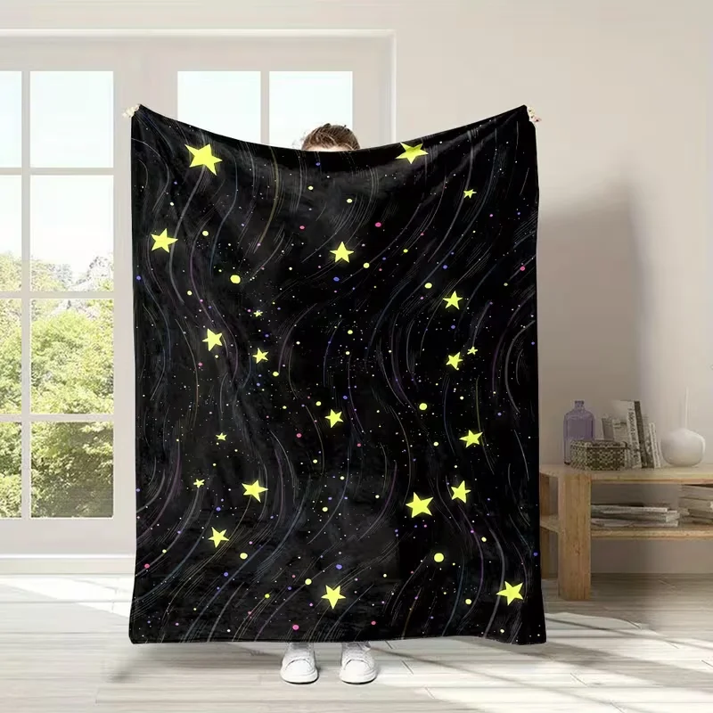 Black Galaxy Starry Sky Curved Meteor Yellow Star Print Throw Blanket Soft Warm Sofa Bed Blanket Dreamy Night Sky Decor