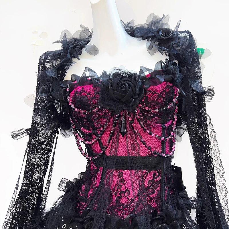 Original Gothic Design Black Red Women's Tube Top Punk Dark 2025 New Sweet Cool Sexy Lace Hollow Out Short Skirt Sets Ladies