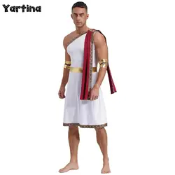 Męski starożytny grecki bóg Gladiator Cosplay kostiumy Toga z rękawami jedno ramię haftowane rzymska szata odpinane mankiety