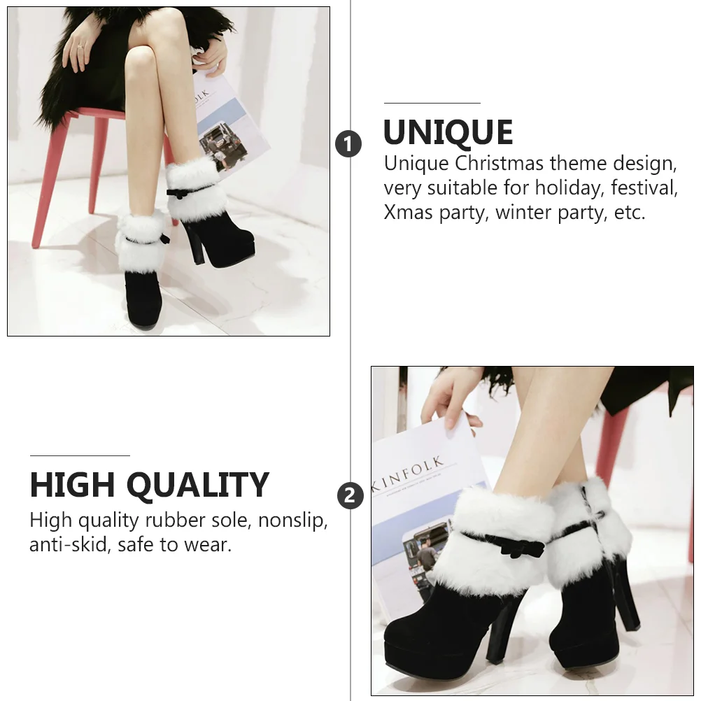 Christmas Booties White Boots Winter Shoes Short Xmas High Heel Women Ankle Lining Fiber Miss Plush