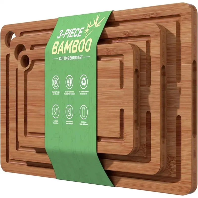 Lightweight For Kitchen,3-Piece Bamboo Cutting Board Set Including Non-Slip Mat, Deep Juice Groove, Built-In Handles-Home Gift