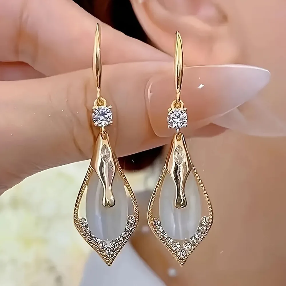 High Class Geometry Rhombus Cat's Eye Stone Exquisite Pendant Earrings for Women Fashion Luxury Jewelry Party Wedding Gifts