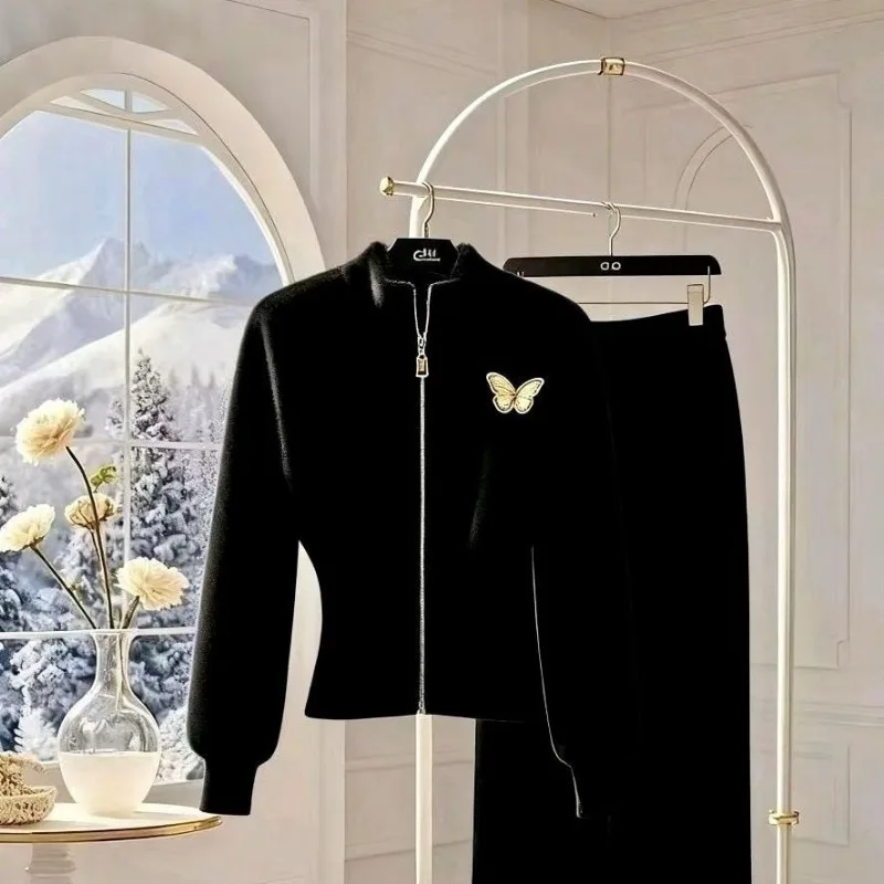 جديد فاخر الراقية الصوفية محبوك المرأة قطعتين مجموعة أنيقة التطريز طويلة الأكمام سترة + تنورة ضئيلة بلون البدلة #4