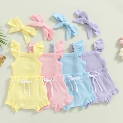 2023-04-12 Lioraitiin 0-18M Toddler Girls 3Pcs Summer Clothes Fly Sleeve Solid Romper Tops Drawstring Short Pants Headband