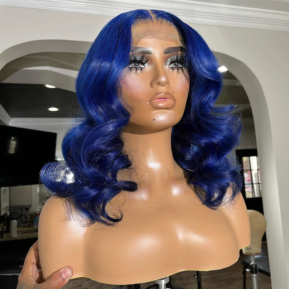 Carisma peruca dianteira do laço sintético curto bob corte peruca frontal pré arrancado linha fina cor azul peruca sem cola uso diário cosplay