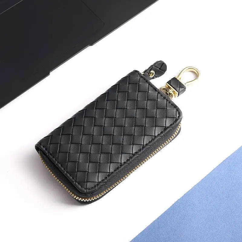 New Short Wallet Fashion Woven Car Key Bag Men PU Leather Leisure Versatile Bag Zero Wallet Mini Handheld Bag Zipper Clip Wallet