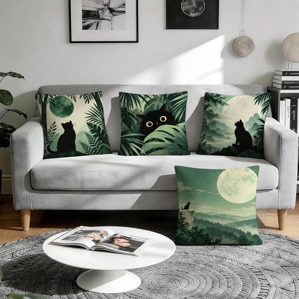 Forest Cat Wall Art Cushion Cover 1/4Pcs Linen Throw Pillow Covers Double-Side Print Sofa Couch Living Room Decor