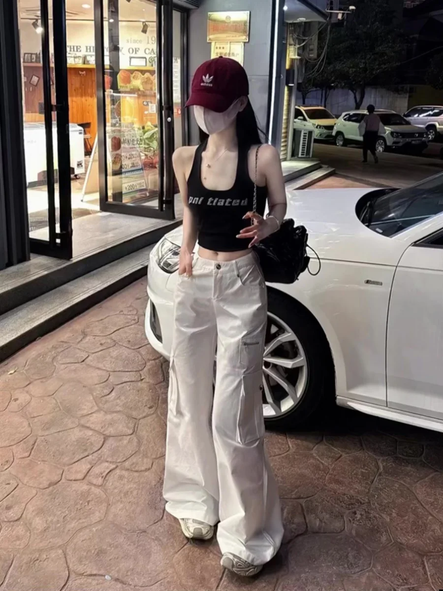 Pantalon de travail blanc rétro américain pour femmes, taille haute, jambe droite, décontracté, jambes larges, plusieurs bouts, ample, longueur au sol...