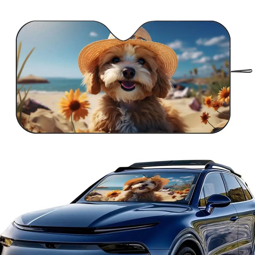 

Dog Exploring Tropical Beach Car SunShade Windshield Foldable Three-layer Insulation Sunshade By Suction Cup Blocks UV Rays Sun