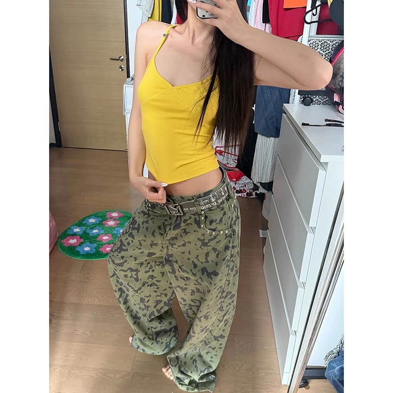 ZHIZOU Women's Leopard Rivet Pants Jeans Y2K American High Street Harajuku Loose Wide Leg Long Jeans Cargo Clothing Autumn 2026