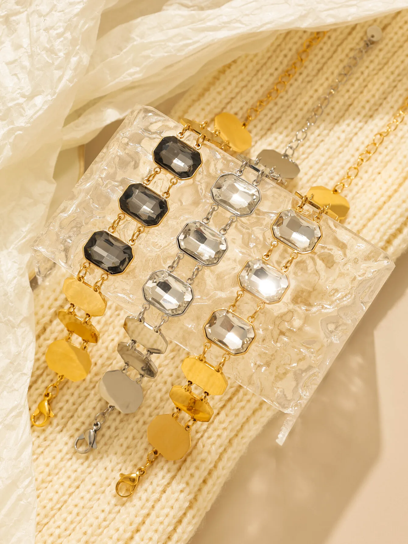 

Palace light luxury style 18K gold stainless steel octagonal zircon bracelet women's three-color jewelry daily accessories party