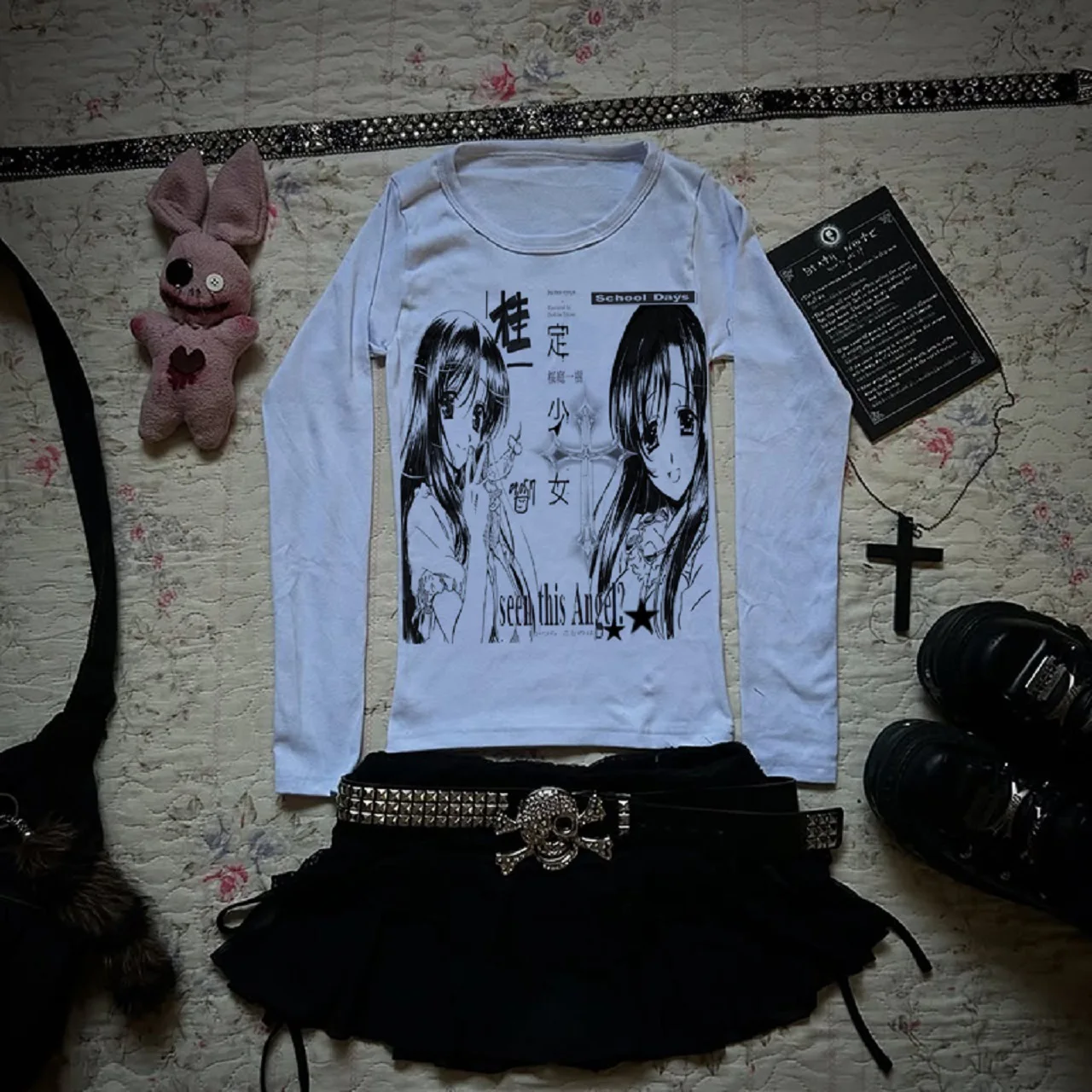 Grunge Alt Damen Weißes Figurbetontes Langarm-Oberteil Vintage Schultage Anime Grafik Y2K Emo Harajuku Slim Casual T-Shirt – Detail 6