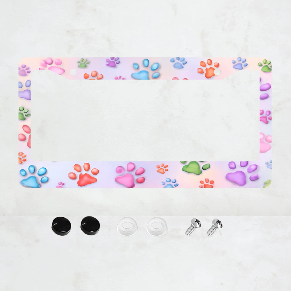 

1PC 2-Hole License Plate Frame, Multicolor Paw Print Design, Aluminum Material, 6x12 Inches, Includes Screws