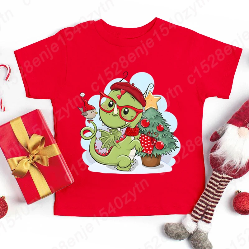 Children Boys Girls Summer T-shirt Christmas Dinosaur Print T Shirt Kids Crew Neck Loose T-Shirt Fashion Casual Solid Color Tees