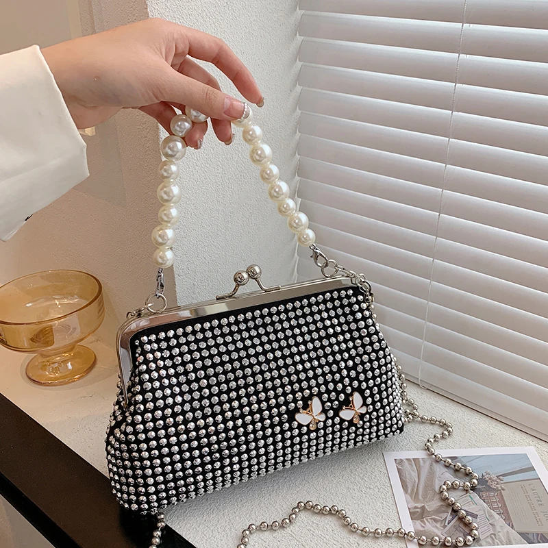 New Women's Boho Embroidered Shoulder Bag Metal Handle Purse with Adjustable Chain Strap Vintage Crossbody Clutch Handbag wallet