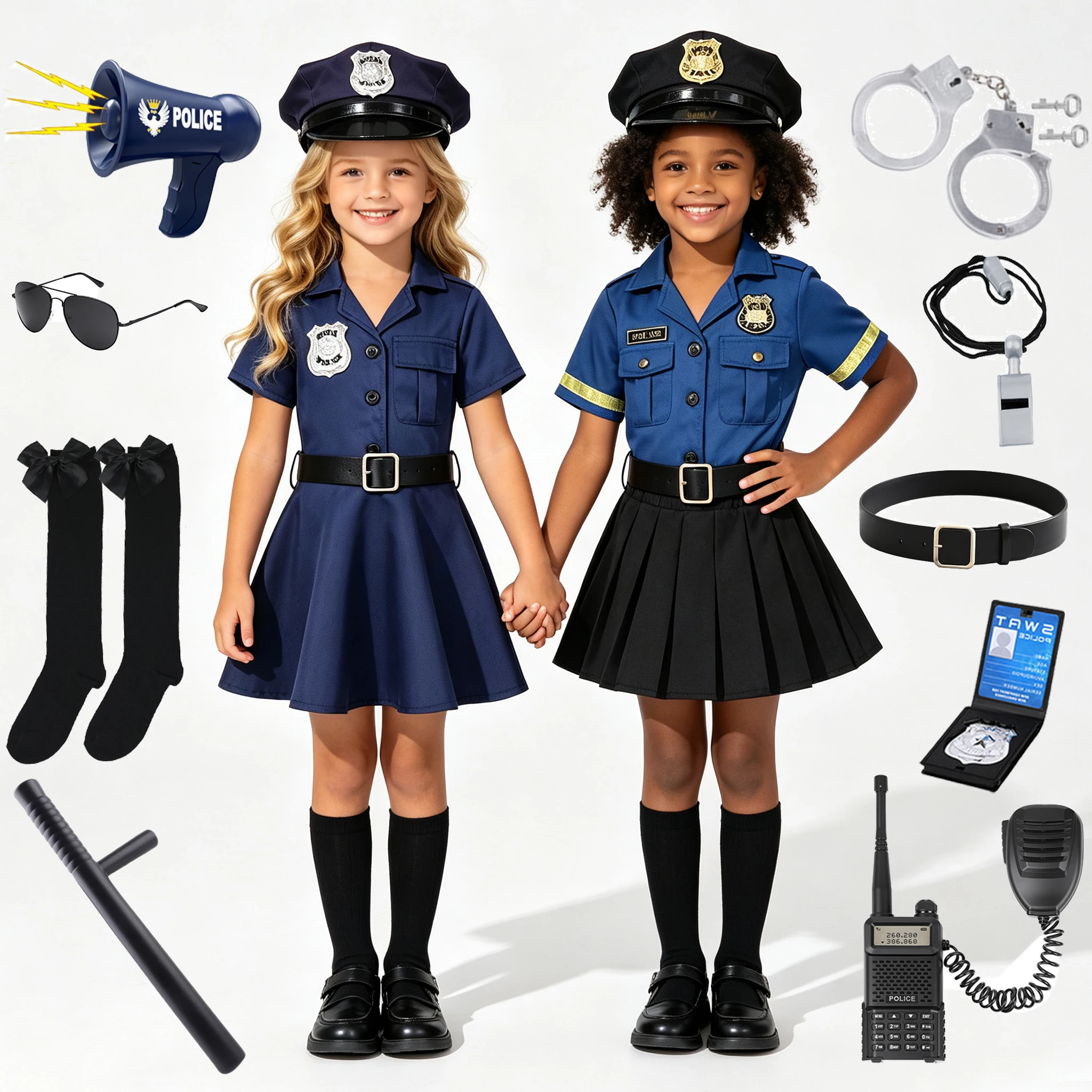 Halloween Girls Police Officer Costume Toddler Girls Cop Uniform Dress Navy Blue Short Sleeve Dress with Hat Belt for Role Play