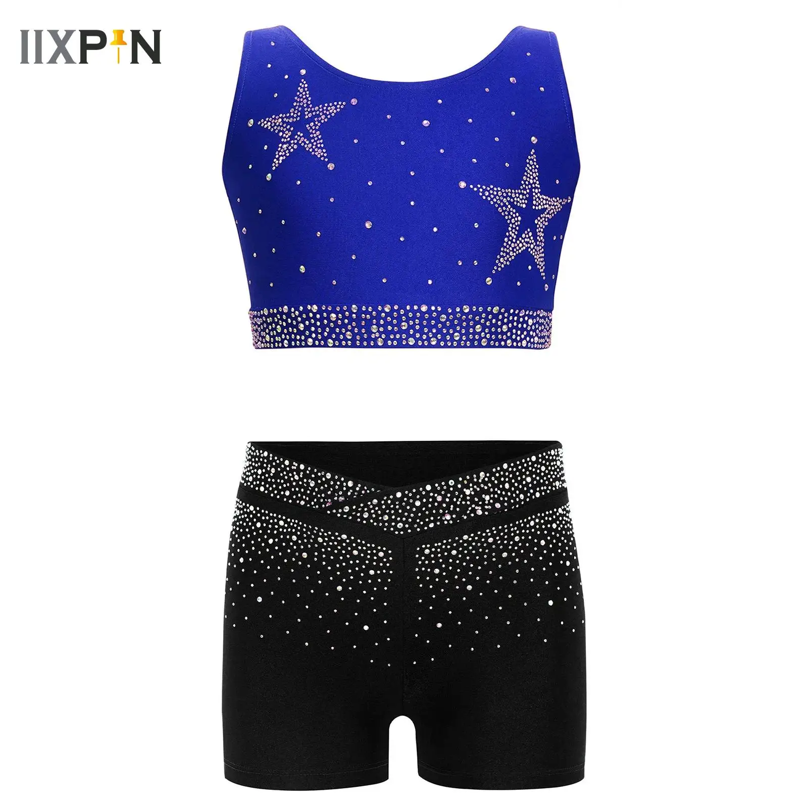 

2Pcs 6-16 Year Old Girls' Shiny Rhinestones Gymnastics Jersey Solid Color Sweet Sports Cropped Vest And Shorts Swimwear Yoga