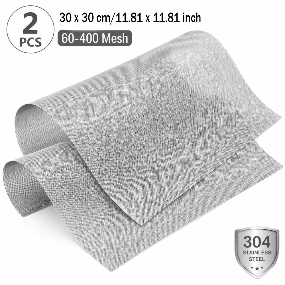 2Pcs 60-400 Mesh 304 Stainless Steel Filter Screen Mesh 11.81×11.81 Inch Woven Metal Mesh Stainless Steel Screening Filter Sheet and Suitable Ventilation Windows