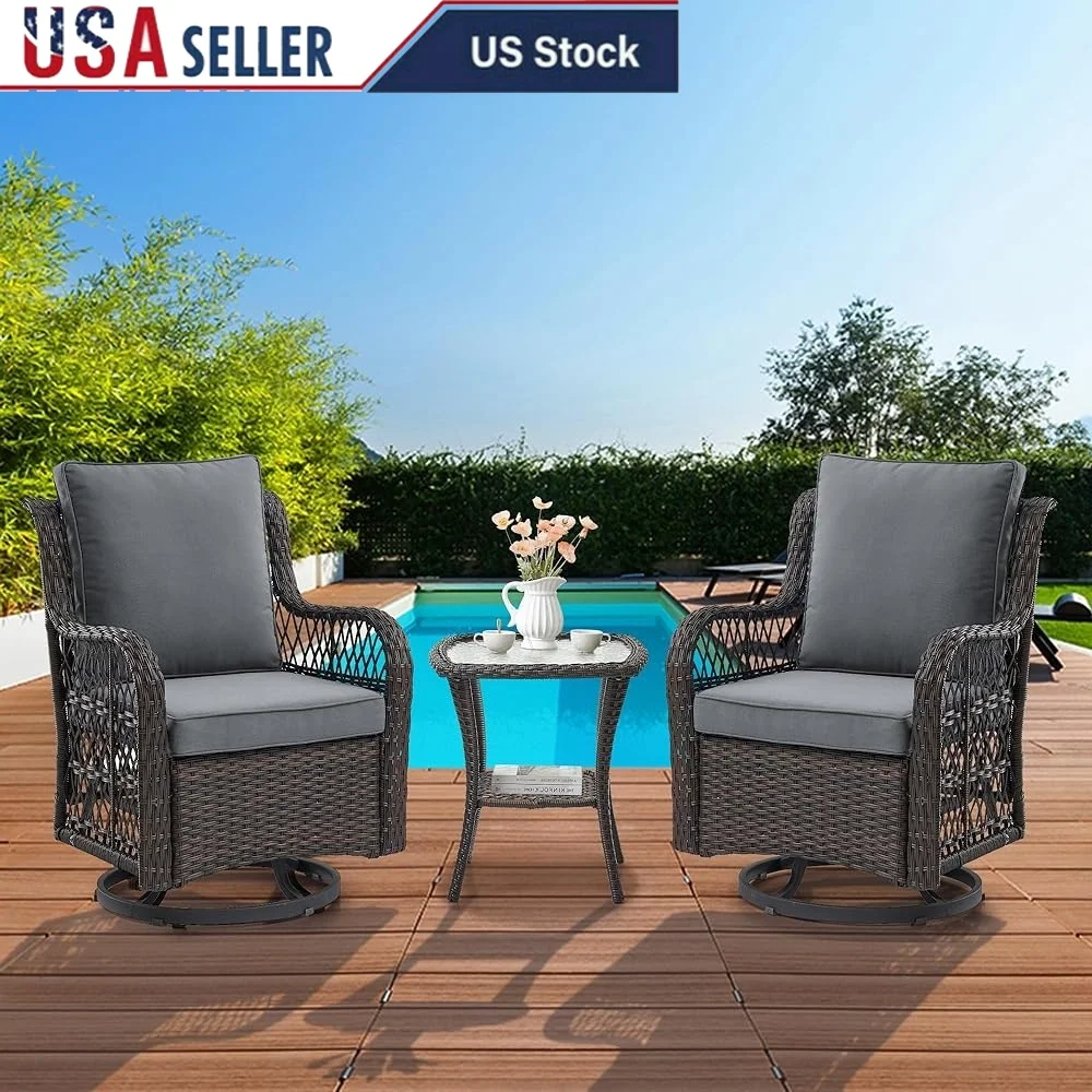 

3 Piece Outdoor Wicker Rocking Bistro Set with 2 Swivel Chairs Tempered Glass Table Ergonomic Cushions Durable Rattan Furniture