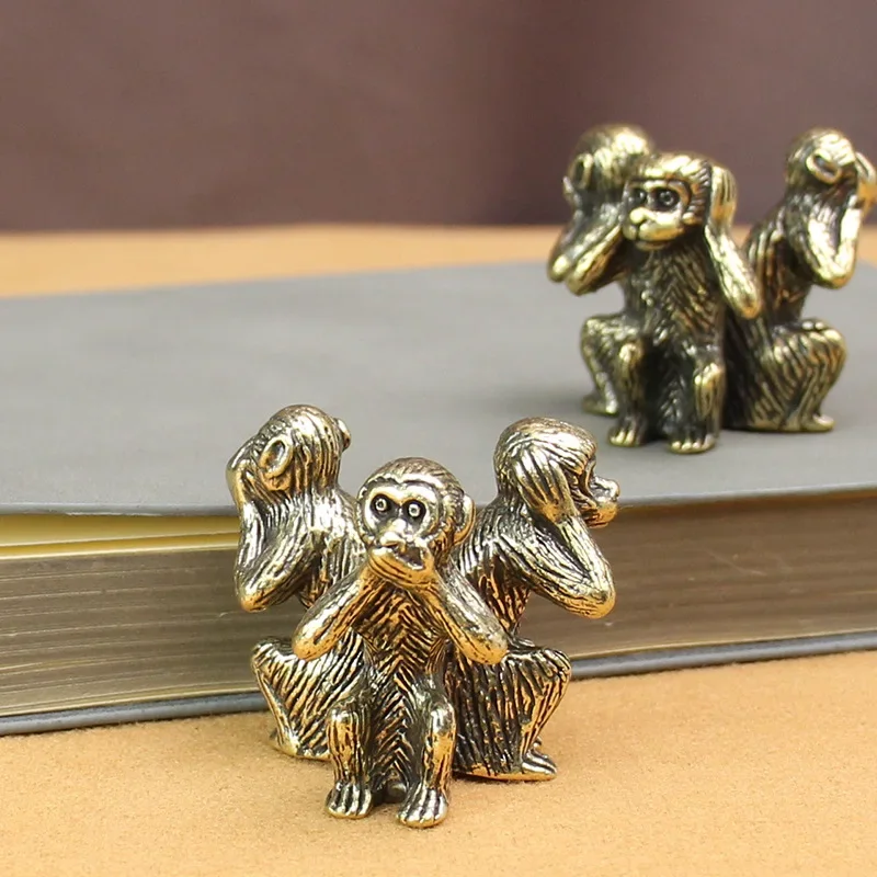 Solid Brass Three Monkey Tea Pets,Copper Sculpture,Desk Decoration Kawaii Accessories Vintage Home Decor,Fairy Garden Miniatures