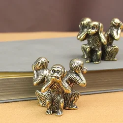 Solid Brass Three Monkey Tea Pets,Copper Sculpture,Desk Decoration Kawaii Accessories Vintage Home Decor,Fairy Garden Miniatures