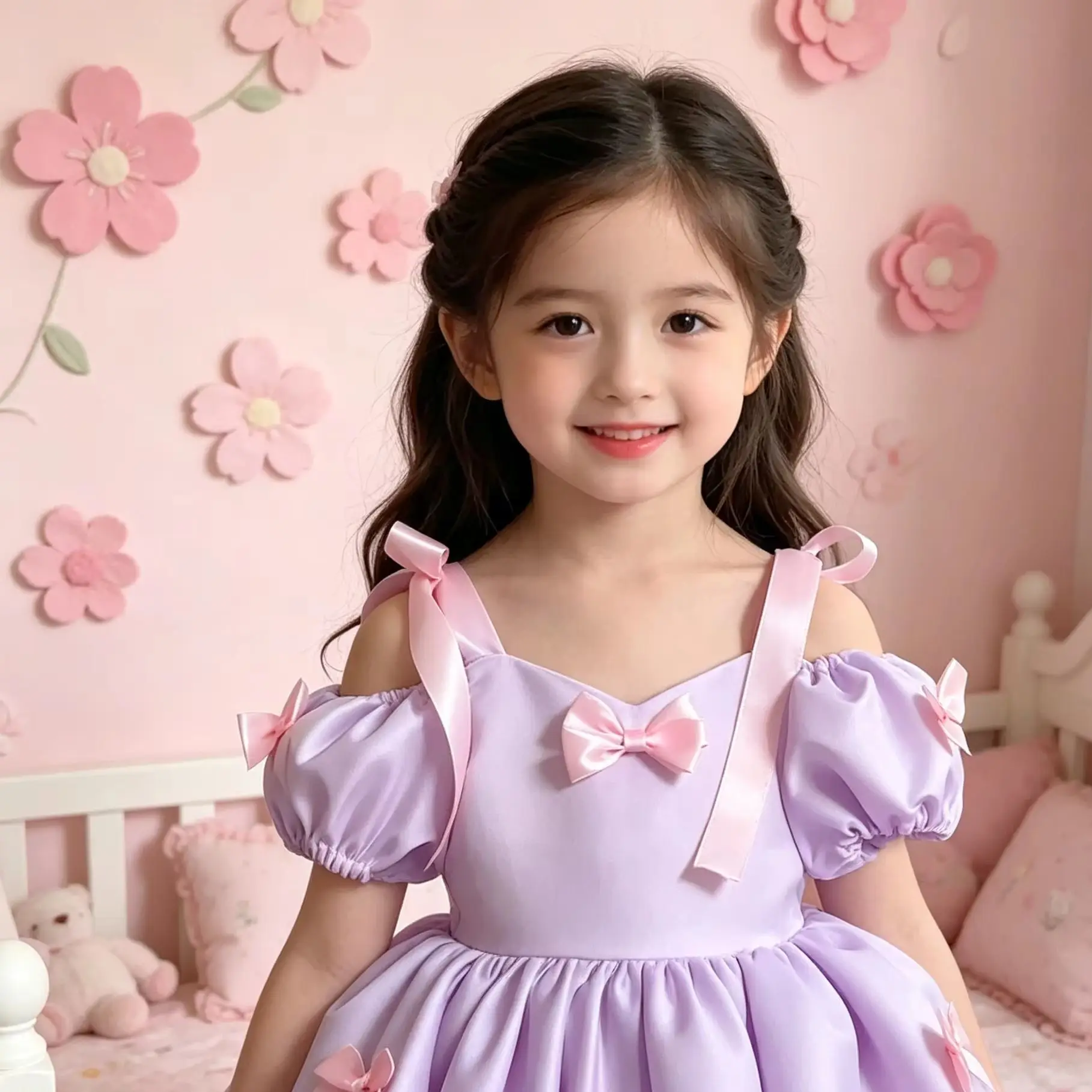 

Princess Flower Girl Dresses for Wedding Short Sleeves Mini Bows Puffy Knee Lenght Kids Birthday First Communion Gowns Custom
