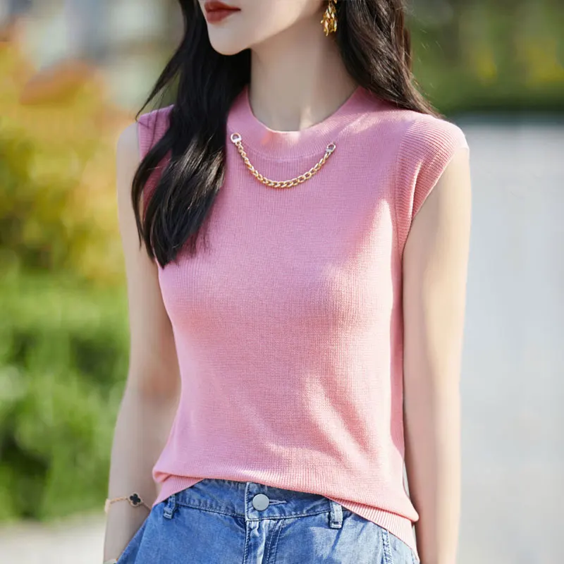 

Women's T-shirt Summer New 100% Lyocell Knitted Short Sleeve Ladies Clothes Casual Chain Blouse Round Neck Tees Slim Tops