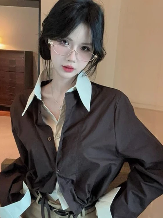 

Одежда с воротником, женская одежда Long Sve Loose ort irt Кофейный цвет, спецодежда, поддельные двухсекционные брюки, осенняя мода