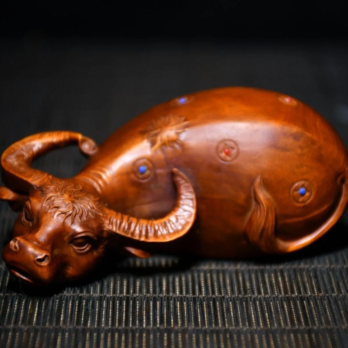 Chinese Water Buffalo Wood Carving Gemstone Inlaid Collectible Ox Decor