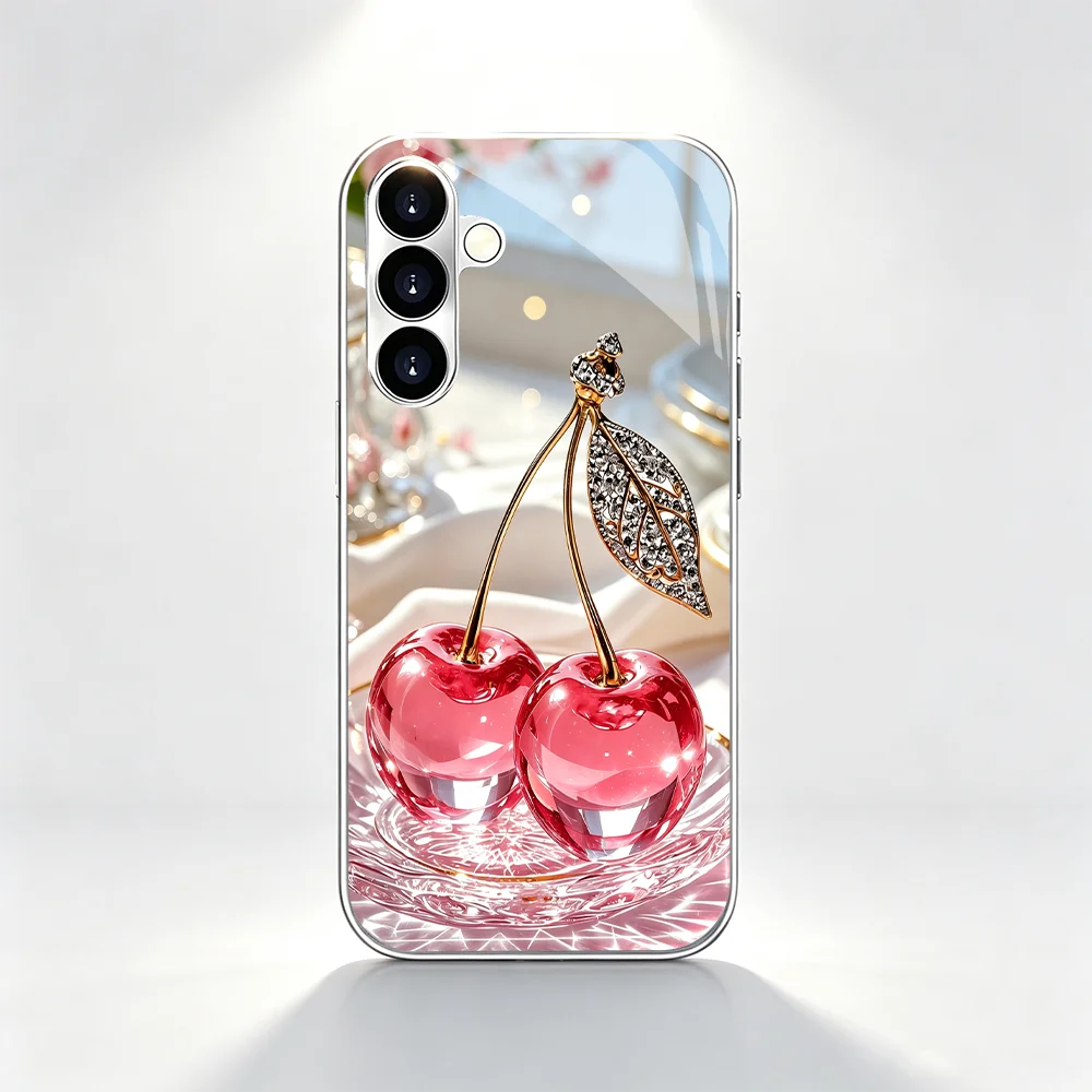 Phone Case Crystal Red Cherry s26 ultra case s25 ultra Glass phone case for Samsung Galaxy S26 25 24 23 22 21 FE Ultra Plus