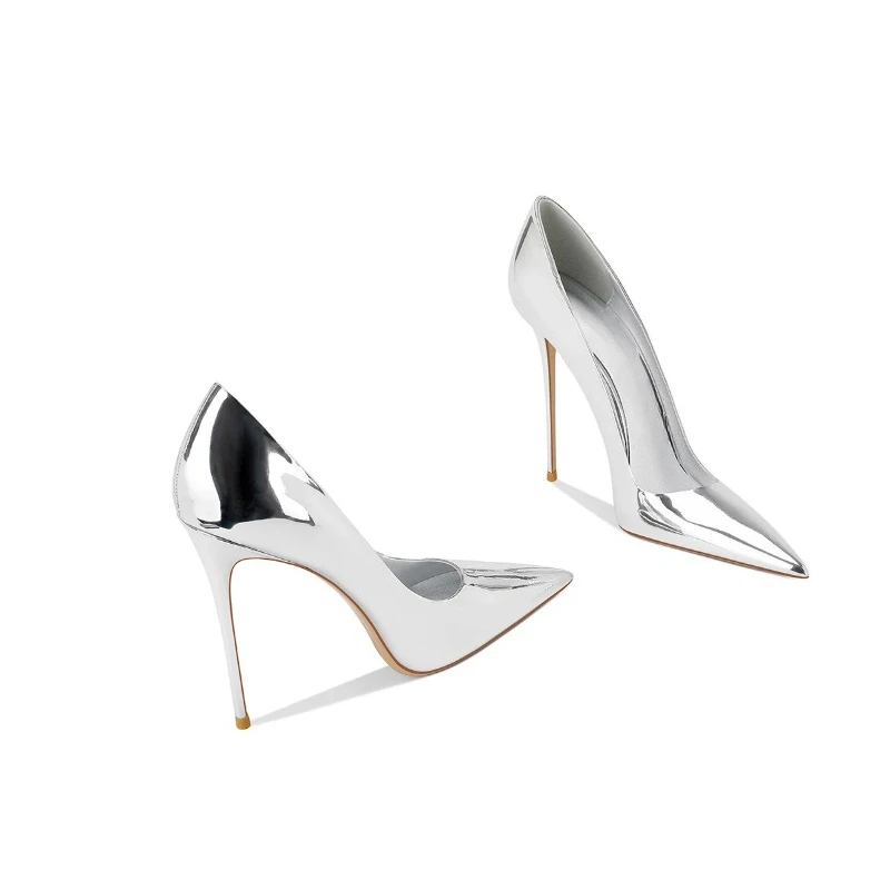 New pointed thin heel silver sexy patent leather temperament stunning versatile high-end high-heeled shoes for women