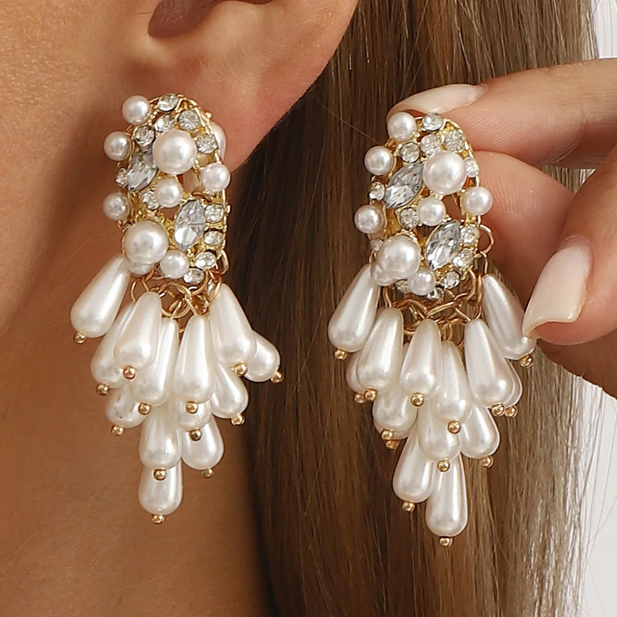 Cascading Teardrop Clusters Dangle Sparkly Marquise Gem Geometric Inlaid Statement Chandelier Wedding Bridal Earring