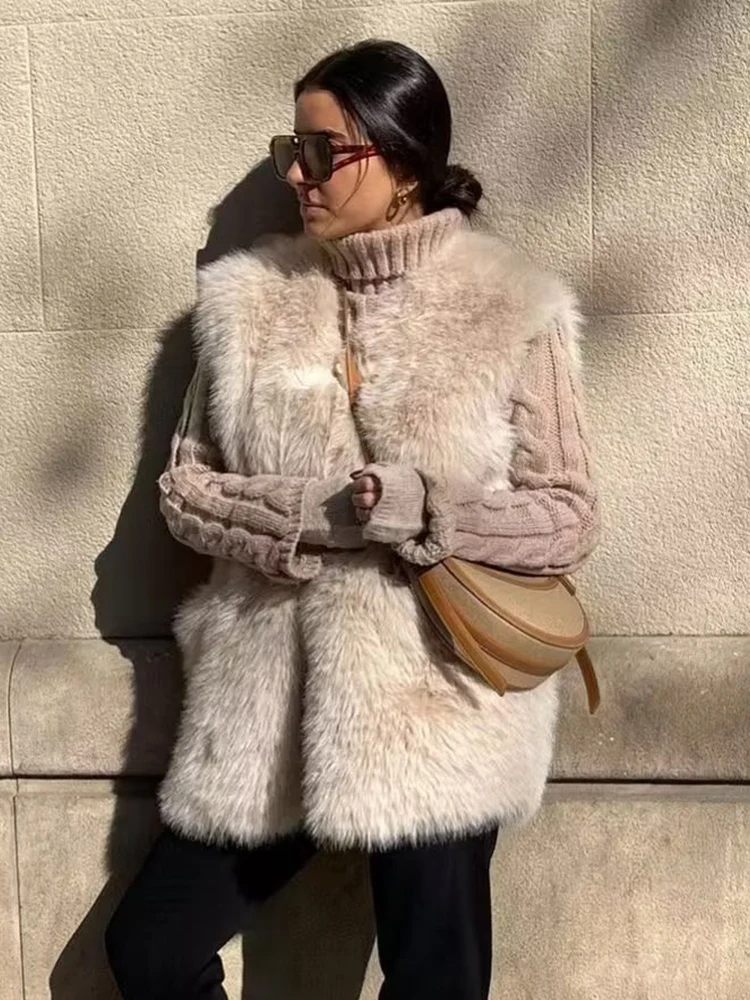 

Винтажный женский жилет из искусственного меха, мода осень-зима 2023, женская уличная одежда, бежевая жилетка, повседневная женская теплая одежда, шикарная куртка