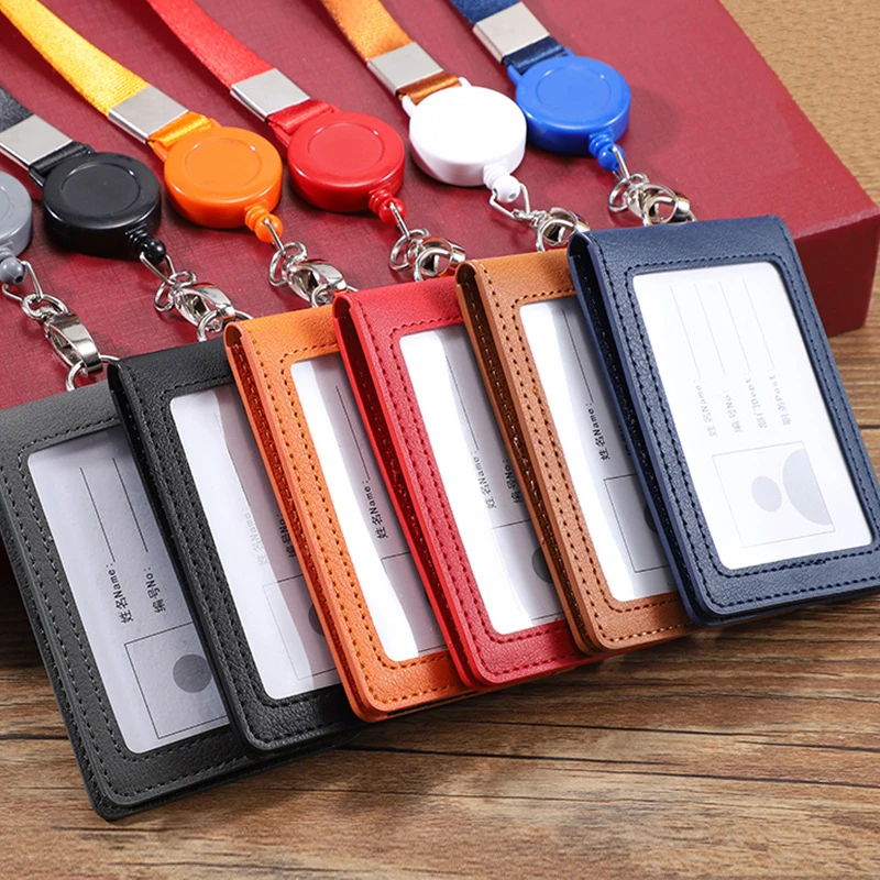 PU Leather Id Credit Bank Card Case Transparent Business Badge Card Holder With Neck Strap Lanyard Solid Color Passport Holder