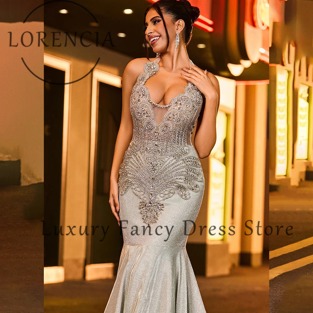 Prachtige Diamant Galajurken 2025, Halter Glanzende Zeemeermin Avondjurken voor Meisjes Aangepaste Mouwloze vestido madrinha