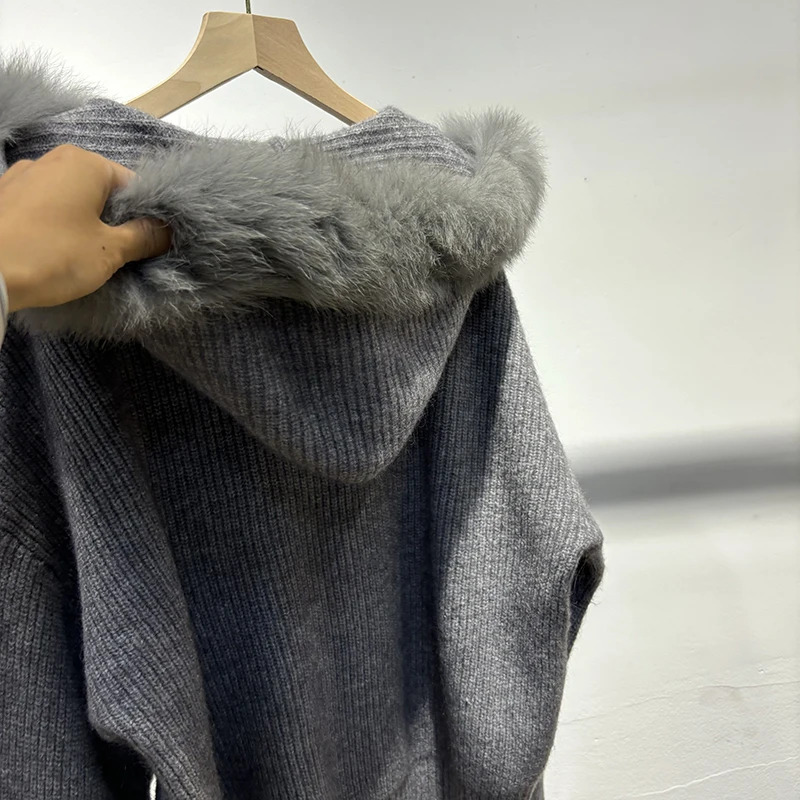2025 Hot Sale Girl Winter Pink Real Fox Fur Thick Knitted Hoodie Sweater Loose Female Grey Sweater Hooded Jacket Coat