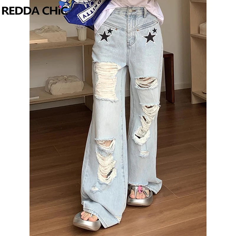 

ReddaChic Light Wash Ripped Hole Baggy Jeans Women Blue Frayed High Rise Star Loose Casual Wide Leg Pants Vintage Y2k Streetwear