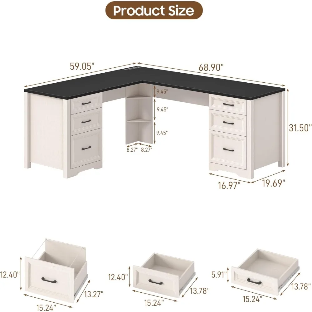L Shaped Executive Desk with 6 Drawers, Power Outlets and File Cabinet, Black Corner Desk